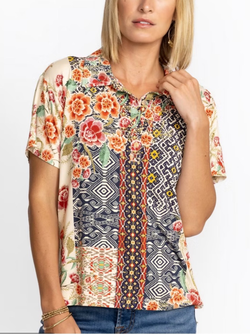 EUC Johnny Was Aztec Flowers Polo Tee Sz S